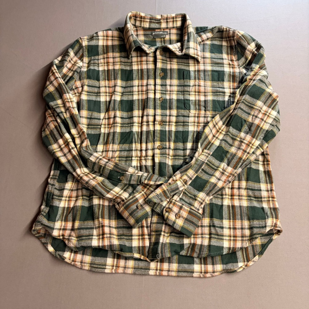 Eddie Bauer Mens XL Green Plaid Flannel Shirt Cotton Stretch Button Down L/S